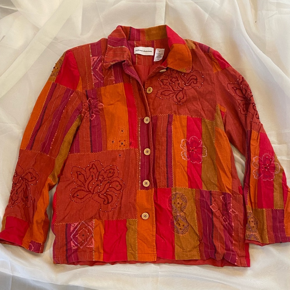 Alfred Dunner Patchwork Embroidered Beaded Vintage Linen Jacket 12 Shacket - Picture 1 of 6